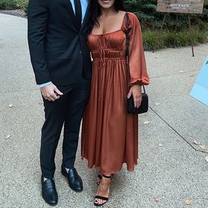 Midi Copper Satin Balloon Sleeve Dress - Worn Once